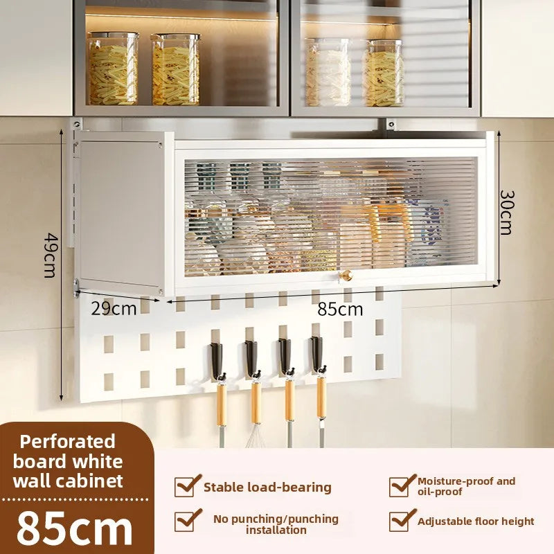 Kitchen multi-functional wall-mounted hanging cabinet seasoning rack upturned locker household dust with door storage rack Oasis Select White-85-A