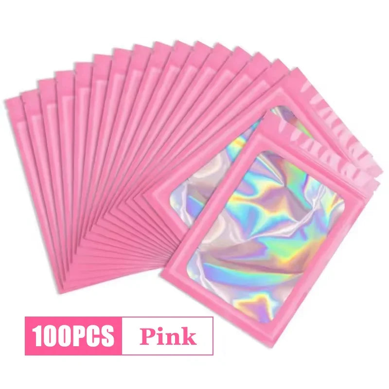 500Pcs Holographic Ziplock Bags Plastic Laser Iridescent Zip Bags for Manicure Eyelash Display Earrings Ring Jewelry Storage Bag Oasis Select Pink 9x16 300PCS