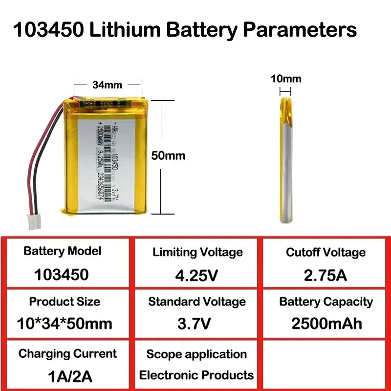 103450 3.7V 2500mAh Polymer Lithium Rechargeable Battery JST PH 2.0mm 2Pin Plug for Camera GPS Navigator MP5 Bluetooth Headset Oasis Select