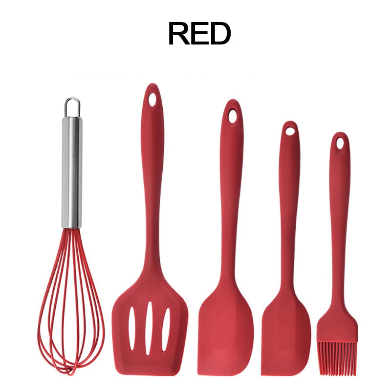 Silicone Kitchenware Cooking Utensils Set Non-stick Cookware Spatula Shovel Egg Beaters Wooden Handle Kitchen Cooking Tool Set Oasis Select RED