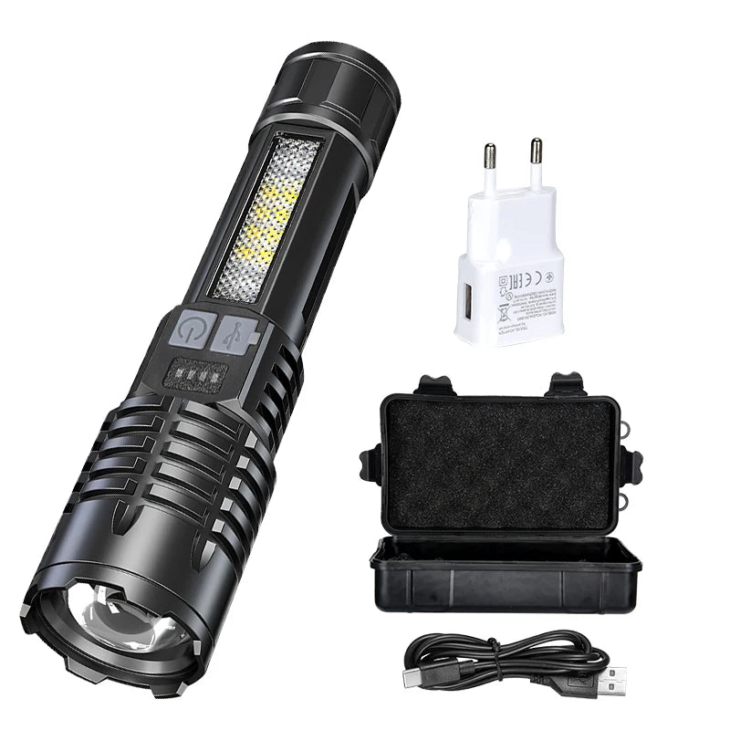 Ultra Bright LED Flashlight 2000LM Type-C Rechargeable Long Range Zoom Tactical Torch Outdoor Emergency Camping Fishing Lantern Oasis Select Set A ZOOM