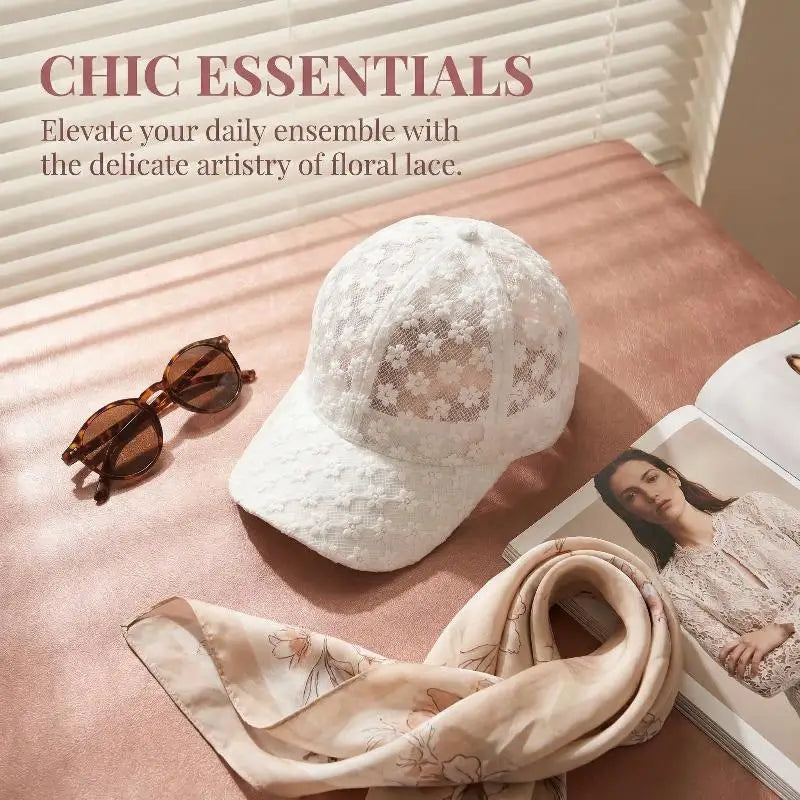 Lace Flower Baseball Cap for Women Adjustable Hollow Thin Summer Hat Breathable Sun Protection for Outdoor Sports Travel Oasis Select