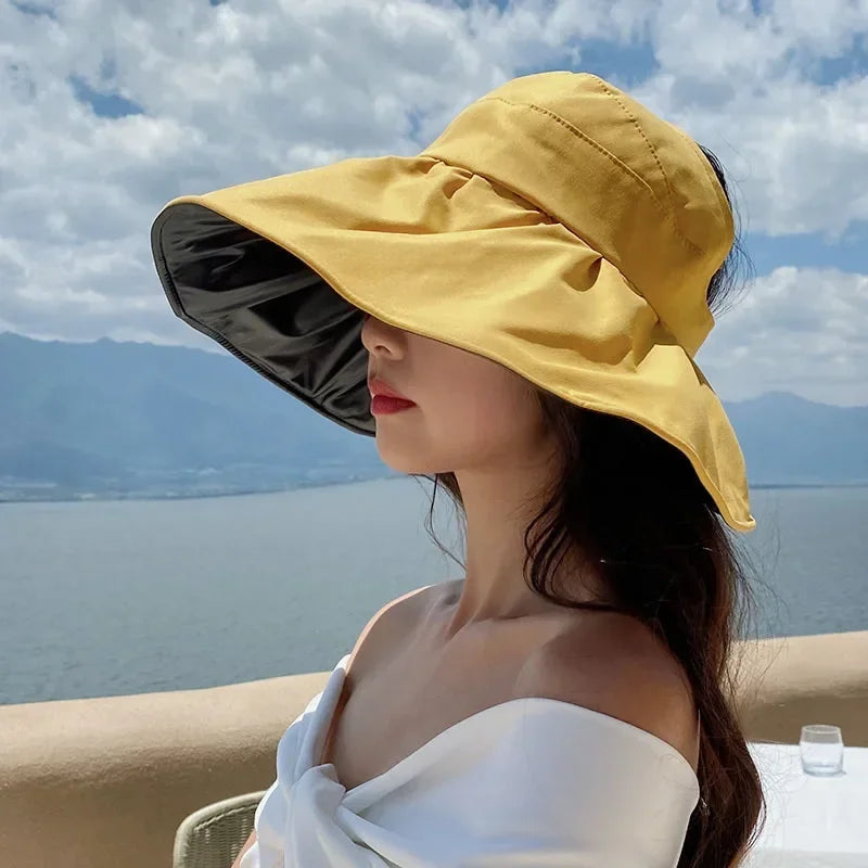 Big Brim Empty Top Sun Hat Summer Women Anti UV Large Eaves All Empty Top Hats Tidal Outdoor Foldable Riding Sport Visors Oasis Select Yellow