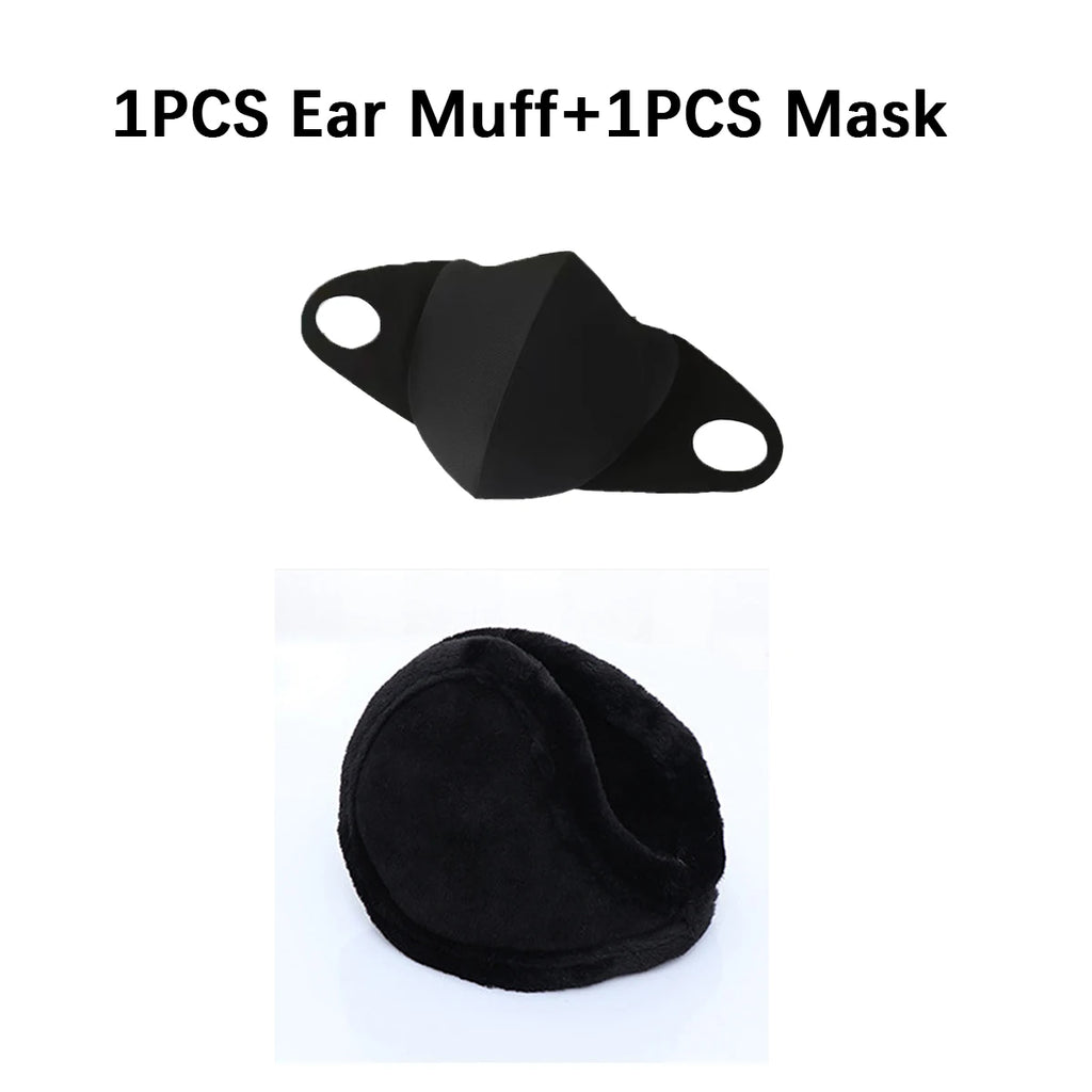 Pearl Ear Muff and Mask Set, Cute Autumn and Winter Warmth, Anti-Cold, Comfortable, Unisex Faux Rabbit Fur Ear Muffs, Merad Mask Oasis Select Black