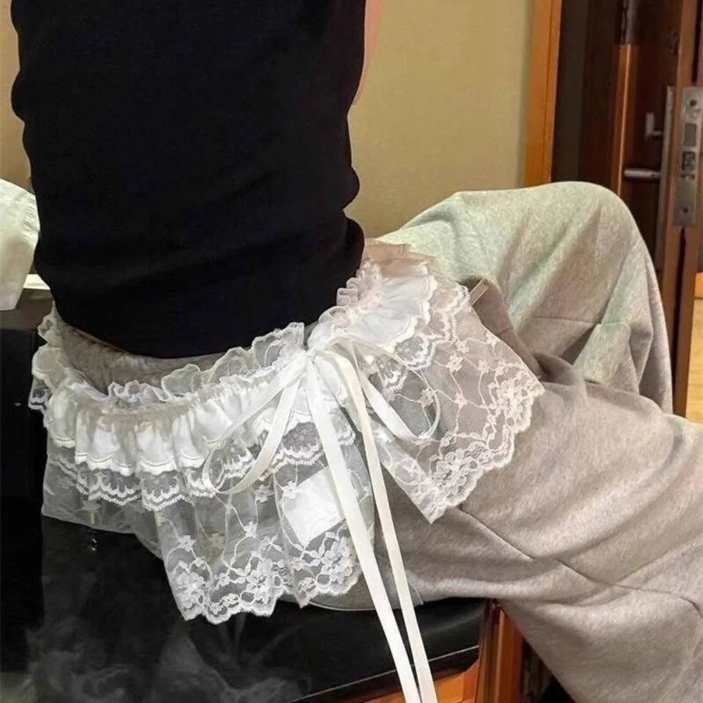 New Embroidered Flower Lace Mini Skirt Y2K Streetwear See Through Ruched Skirts Harajuku Lace Up Ruffles Skirt Jeans Decoration Oasis Select -1 One Size
