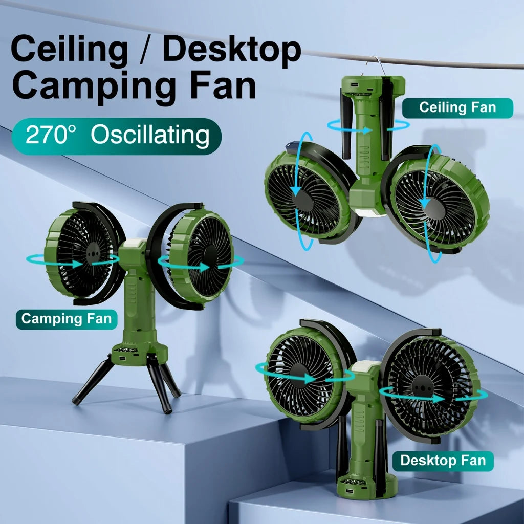 10000mAh Dual Head Fan – 4 Speeds, USB, Portable Outdoor Fan