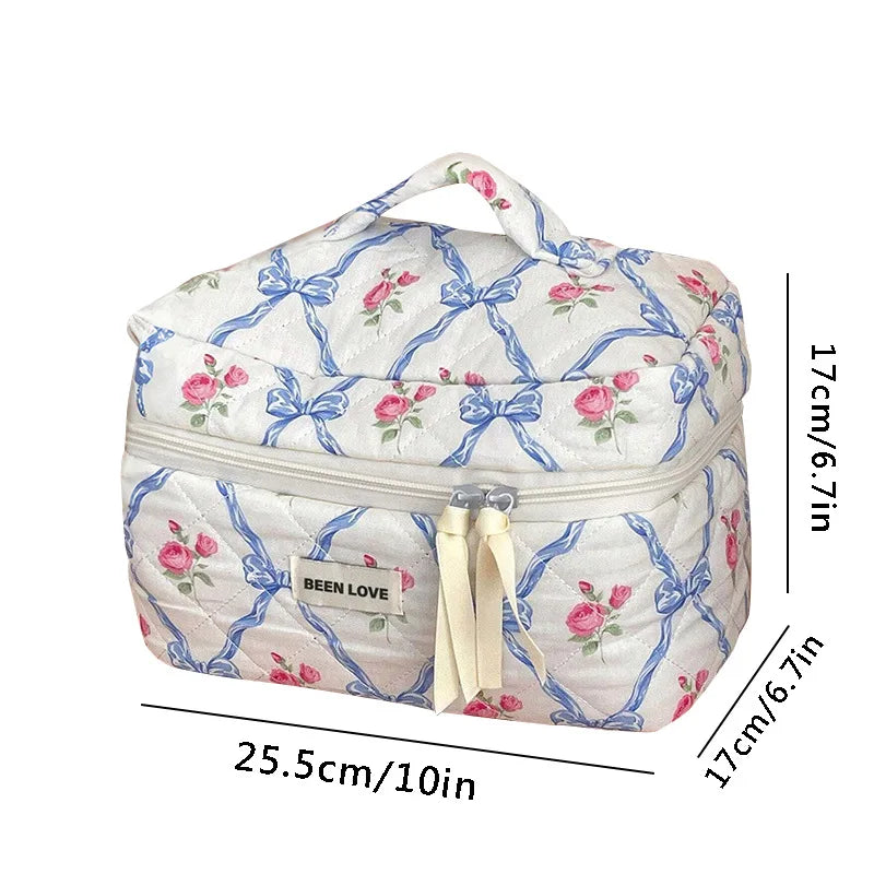 Bow Flower Quilted Makeup Bag – Zipper Cosmetic Organizer