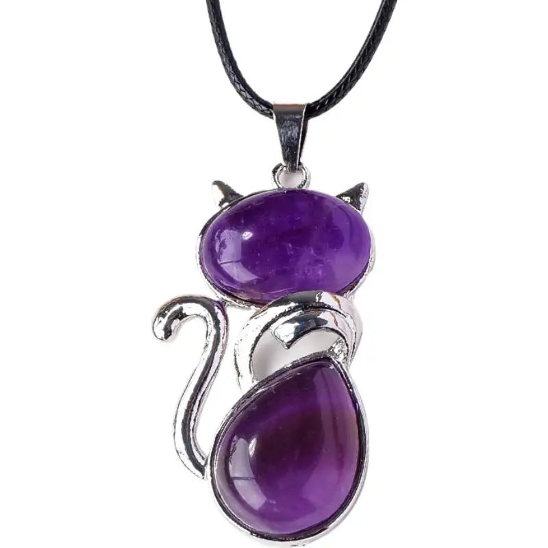 Natural Stone Cat Pendant – Amethyst, Tiger Eye & Crystal