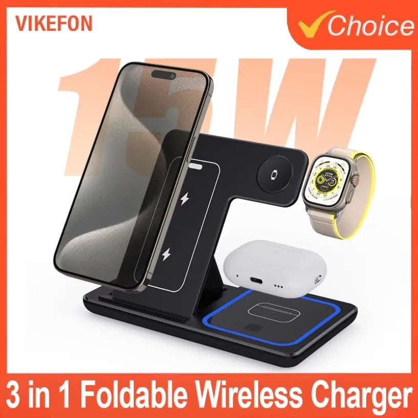 Wireless Charger 3 in 1 Stand Foldable LED Fast Charging Station For iPhone 16 15 14 13 12 Apple Watch 9 8 7 6 5 Airpods Pro Oasis Select