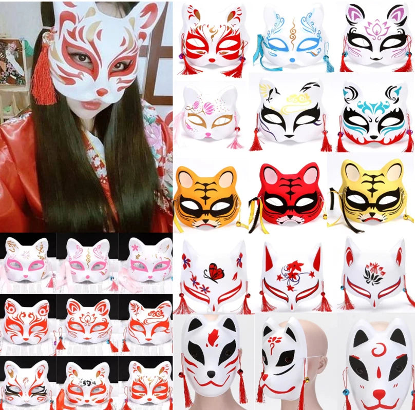 Foxes Mask Japanese Cosplay Rave Hand-Painted Anime Demon Slayer Half Face Cat Masks Masquerade Festival Party Cosplay Props Oasis Select