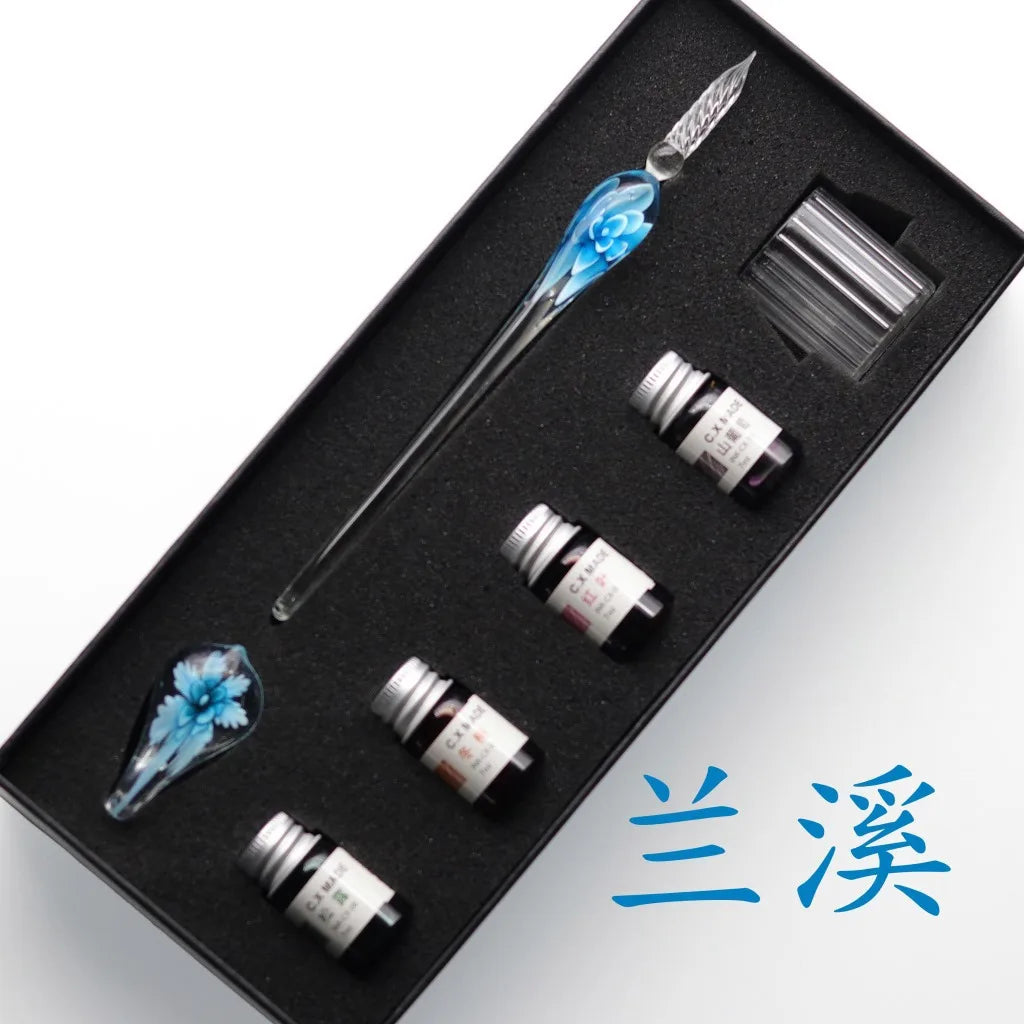 Embedded flower glass pen set, colored dipping pen, street vendor gift box, signature pen, glass pen gift Oasis Select 10