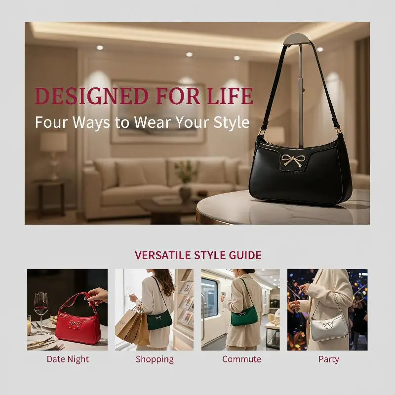 PU Leather Bow Shoulder Bag for Women | Underarm Handbag