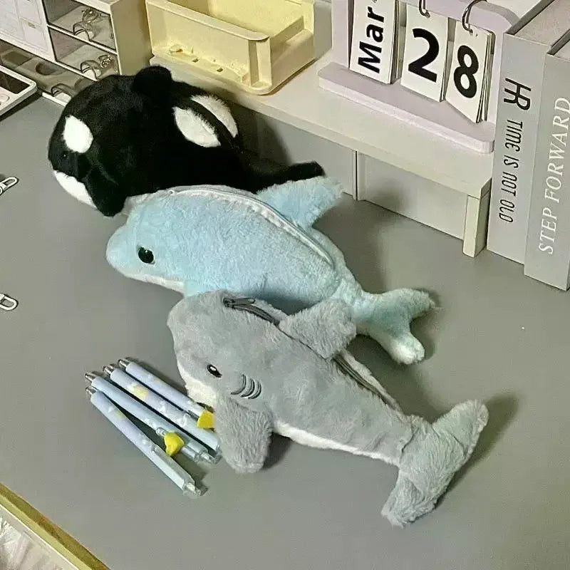 1Pcs Student Stationery Cute Plush Dolphin Shark Pencil Case School Supplies Kawaii Doll Back To School Storage Bag Pen Bag Oasis Select