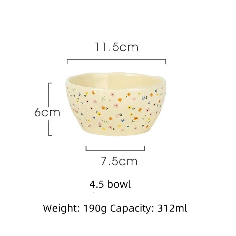 Korean Ceramic Bowl Dish with Fresh Flower Design INS Style High Appearance Level Home Domestic Rice Dish Fruit Salad Bowl Oasis Select 4.5inch