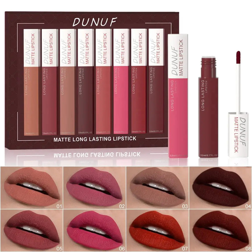 DUNUF 8-Pc Matte Liquid Lipstick Set – Waterproof Lip Gloss