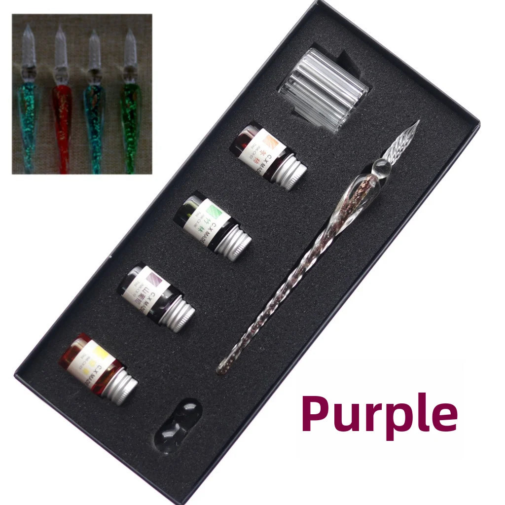 Crystal Glass Pen Dip Pen Set Gradient Color Retro Dip Pen Glass Pen Gift Box Oasis Select 12