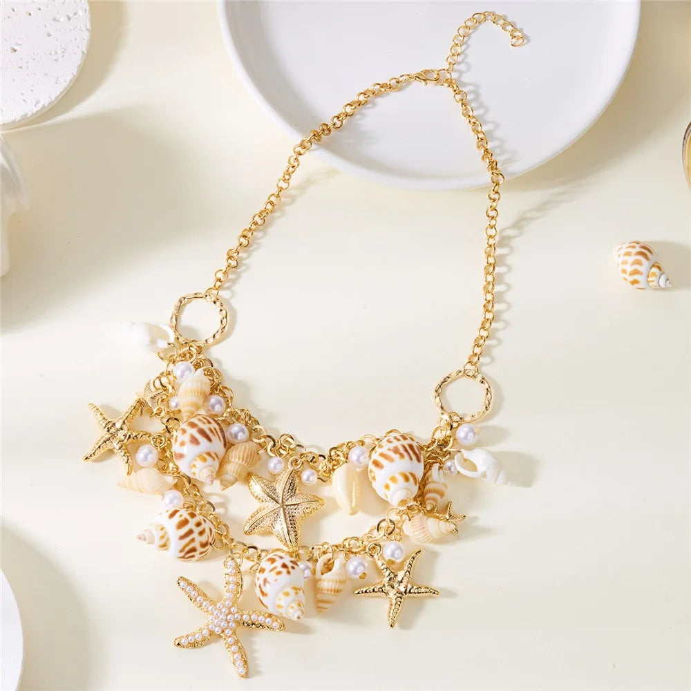 Vacation Bohemian Starfish Necklace Exaggerate Tassel Pendant Waist Chain Pearl Conch Shell Bracelet for Women Oasis Select Starfish