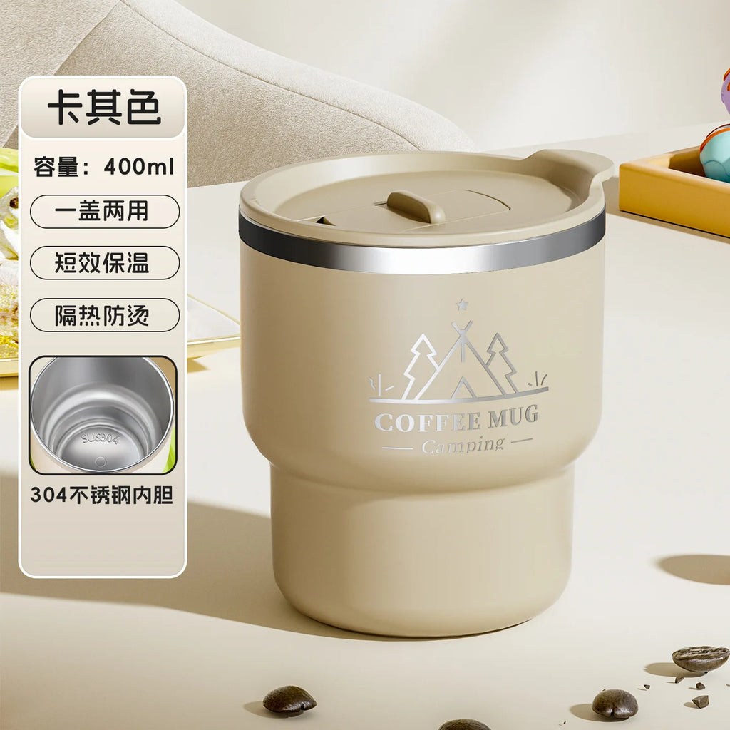 2Pcs 304 Stainless Steel Insulated Coffee Mug 13.53oz Double Wall Portable Camping Thermal Cup Leakproof Office Milk Tumbler Oasis Select Khaki 2pcs 400ml