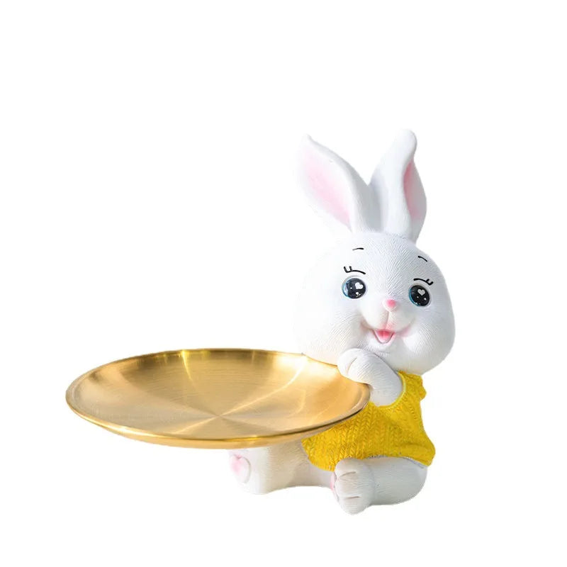 Cute Rabbit/Cat Storage Tray Multifunctional Rabbit Sculpture Key Tray Resin Bunny Statue Candy Dish Home Office Desk Decor Oasis Select