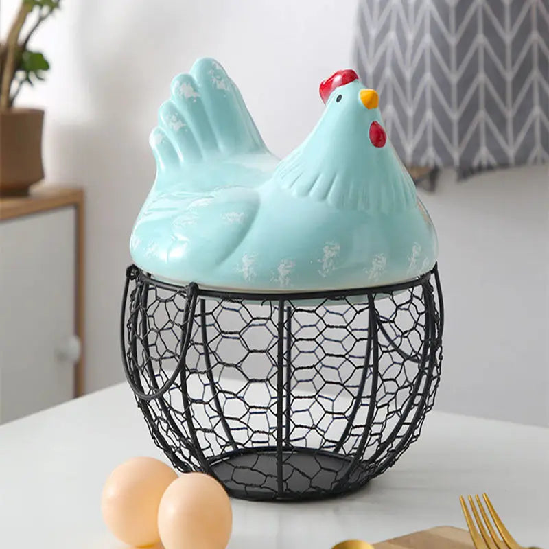 Ceramic Egg Baskets Fruit Baskets Sundries Blue Ceramic Kitchen Shelves Creative Storage Iron Woven Baskets Ironwork Storage Oasis Select L blue