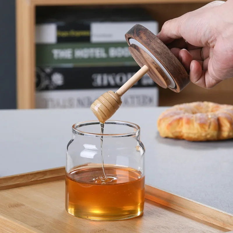 500ML High Borosilicate Glass Sealed Tank Honey Jar with Wooden Lid Mixing Rod Wood Dip Sticks Transparent Home Sealed Jars Oasis Select