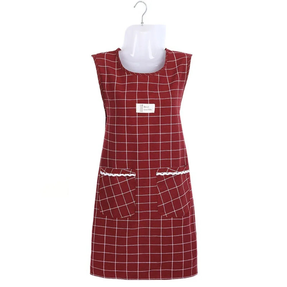 Women's Plaid Cotton Sleeveless Apron – Oil-Proof, Large Pocket