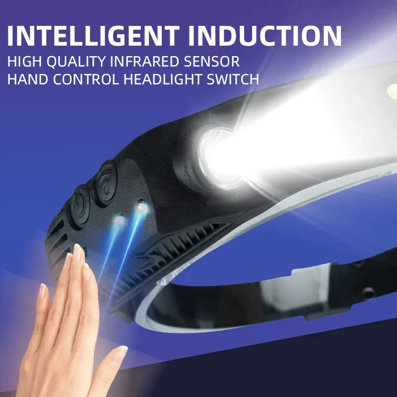 LED Headlight Sensor With Built-in Battery Head Flashlight USB Charging Work Light Super Bright Headband Oasis Select
