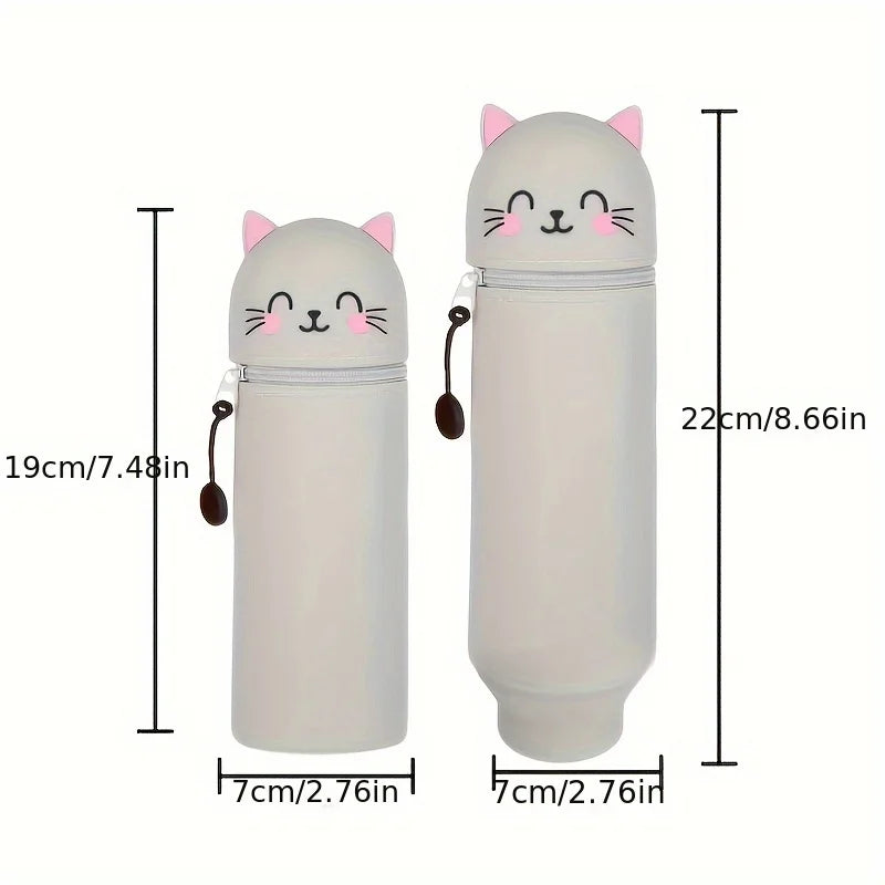 1pc 2-in-1 Expandable Silicone Cute Pencil Case,Cute Cat Design Desk Organizer, Soft Durable Storage Bag for School Office Home Oasis Select