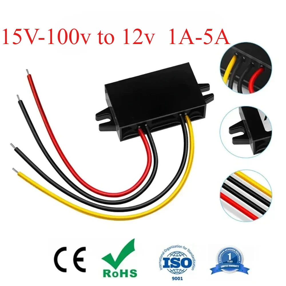 15V-100v 24v 36v 48v 60v 72v to 12v Step Down Buck 1A-5A 12v Voltage Regulator DC DC Converter Reducer for Golf Cart Car Device Oasis Select