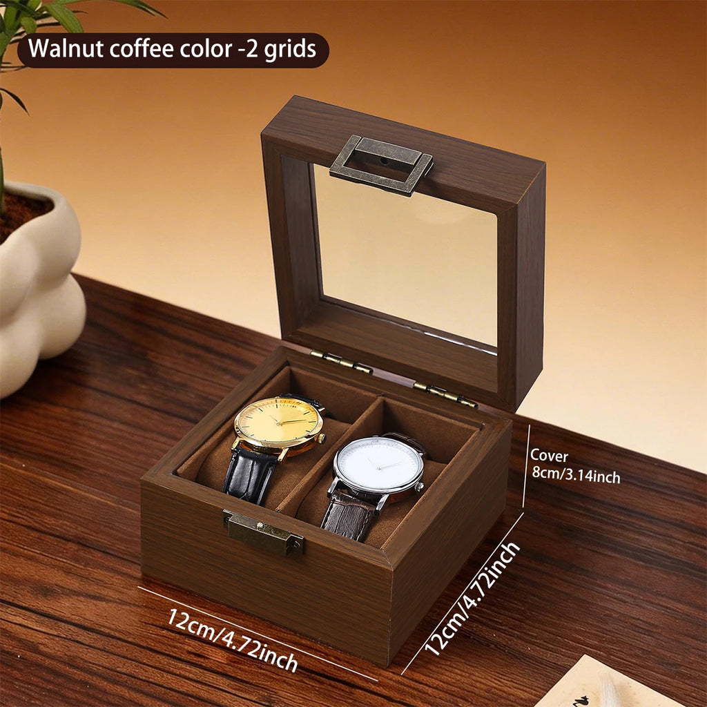 1pc Multi grid wooden watch box with glass cover adjustable jewelry storage box glasses bracelet velvet watch display box Oasis Select Brown-2grids