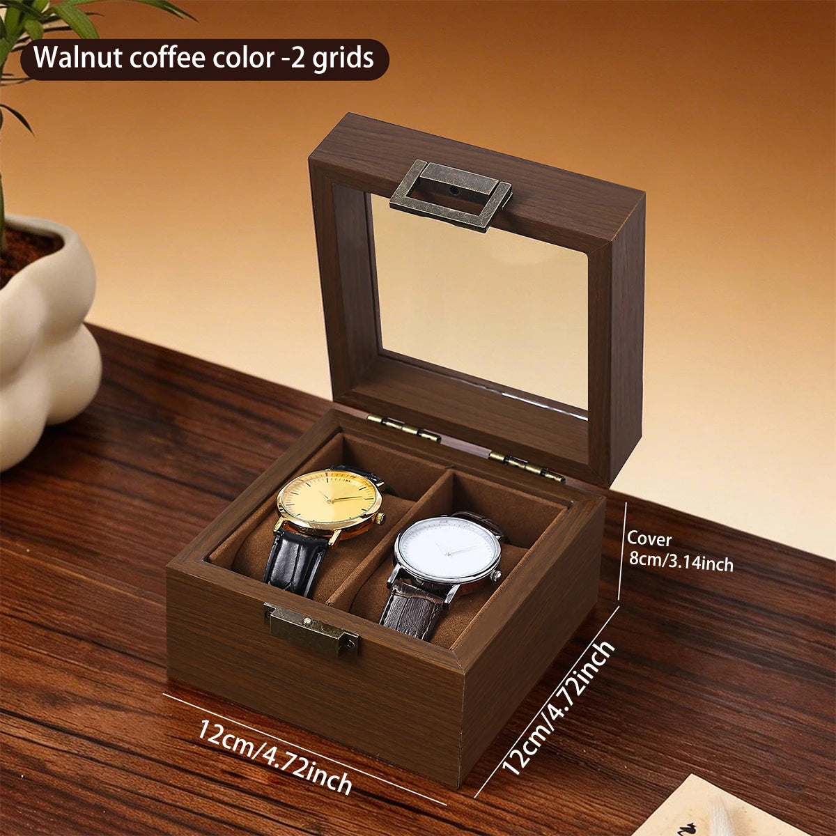 1pc Multi grid wooden watch box with glass cover adjustable jewelry storage box glasses bracelet velvet watch display box Oasis Select Brown-2grids