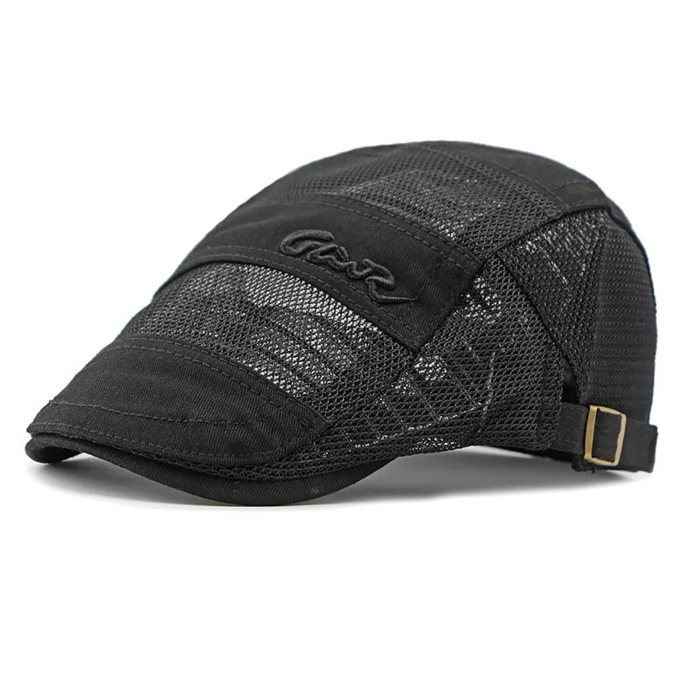 New Vintage Mesh Beret Breathable Casual Visor Hat Cotton Letter Print Sun Hat Outdoor Sun Protection Oasis Select Black