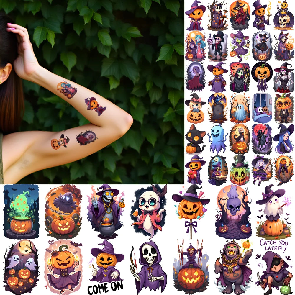 63pcs Halloween Temporary Tattoos – Witch, Ghost & Black Cat