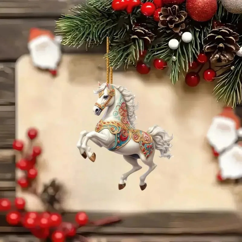 New Exquisite White Horse Acrylic Flat Car Rearview Mirror Pendant Home Decoration Backpack Keychain Hanging Christmas tree Deco Oasis Select