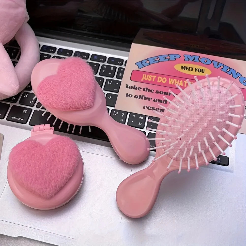 Plush Heart Mini Hair Brush & Mirror Set – Portable Pink Mini Hair Brush Set Oasis Select