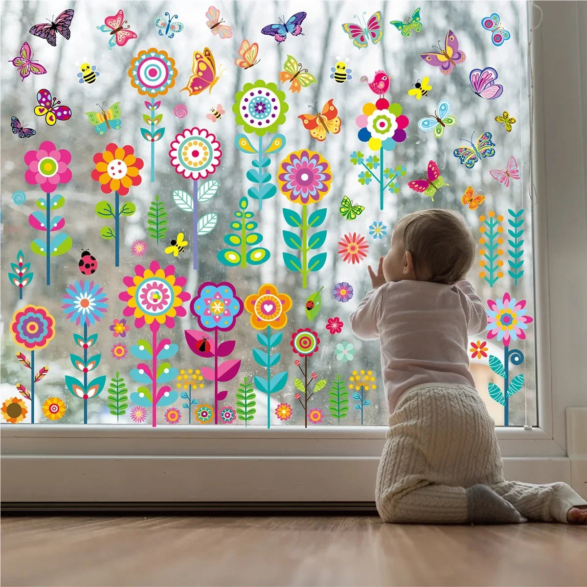 Spring Gel Clings Butterfly Flowers Window Decals Stickers Kids Toddlers Home Airplane Classroom Nursery Summer Party Decoration Oasis Select