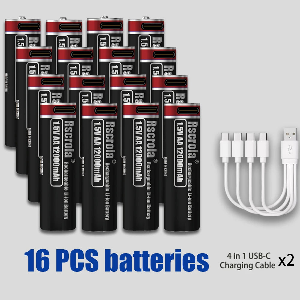 New AA 12000mAh+AAA 6800mAh Rechargeable Batteries Lithium-ion 1.5V AA Rechargeable Batteries 1.5V AAA Battery with USB-C Cables Oasis Select 16PCS Batteries 1 1.5V China Mainland