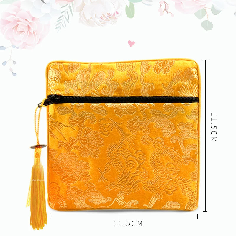 Chinese Brocade Jewelry Storage Bag Handmade Silk Embroidery Padded Small Zipper Tassel Jewelry Organizer Pouch Satin Gift Bag Oasis Select