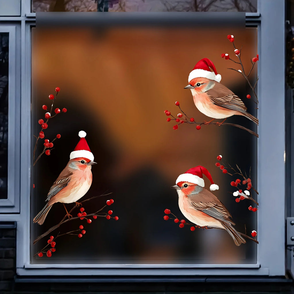 1PC Three Birds in Santa Hats Window Stickers Christmas Theme Red Berry Branches Decorative Wall Stickers for Glass and Window Oasis Select