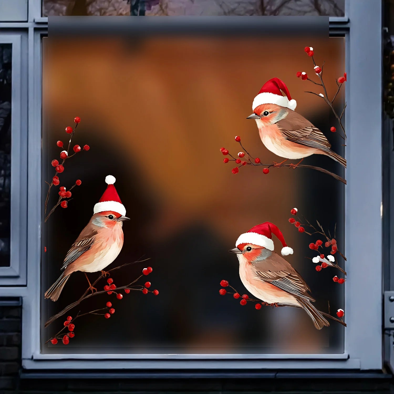 1PC Three Birds in Santa Hats Window Stickers Christmas Theme Red Berry Branches Decorative Wall Stickers for Glass and Window Oasis Select