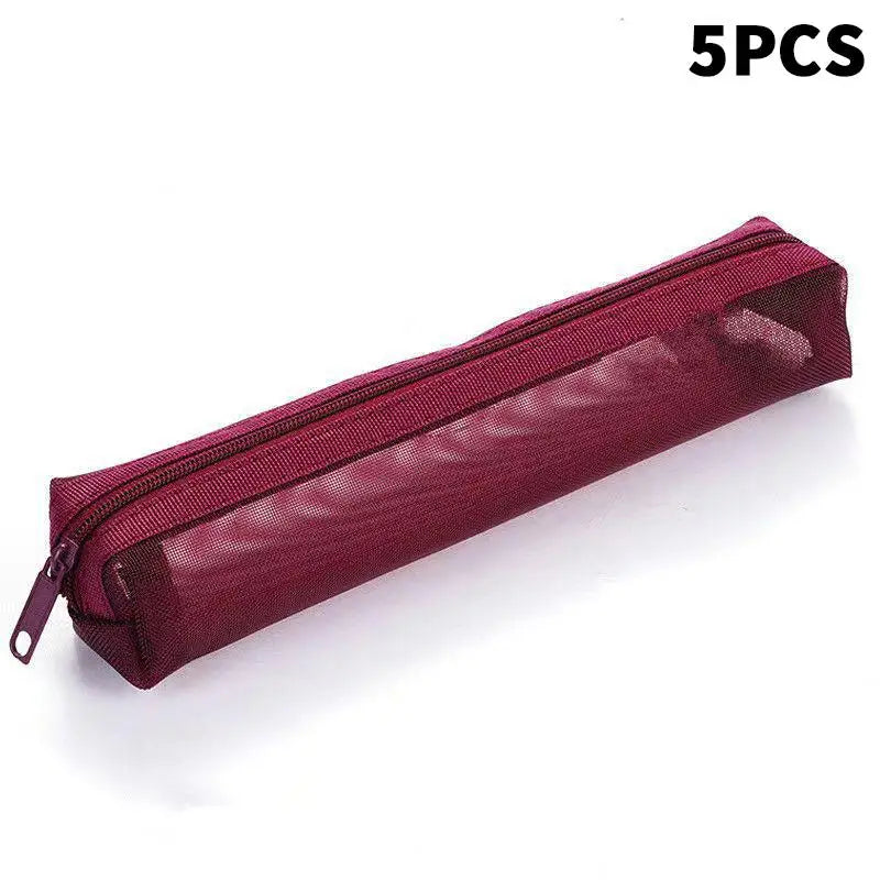 1/5Pcs Mesh Pencil Case Portable Zipper Pouch Stationery Organizer Students Exams Pencil Case School Stationery Supplies Oasis Select 5PCS Red