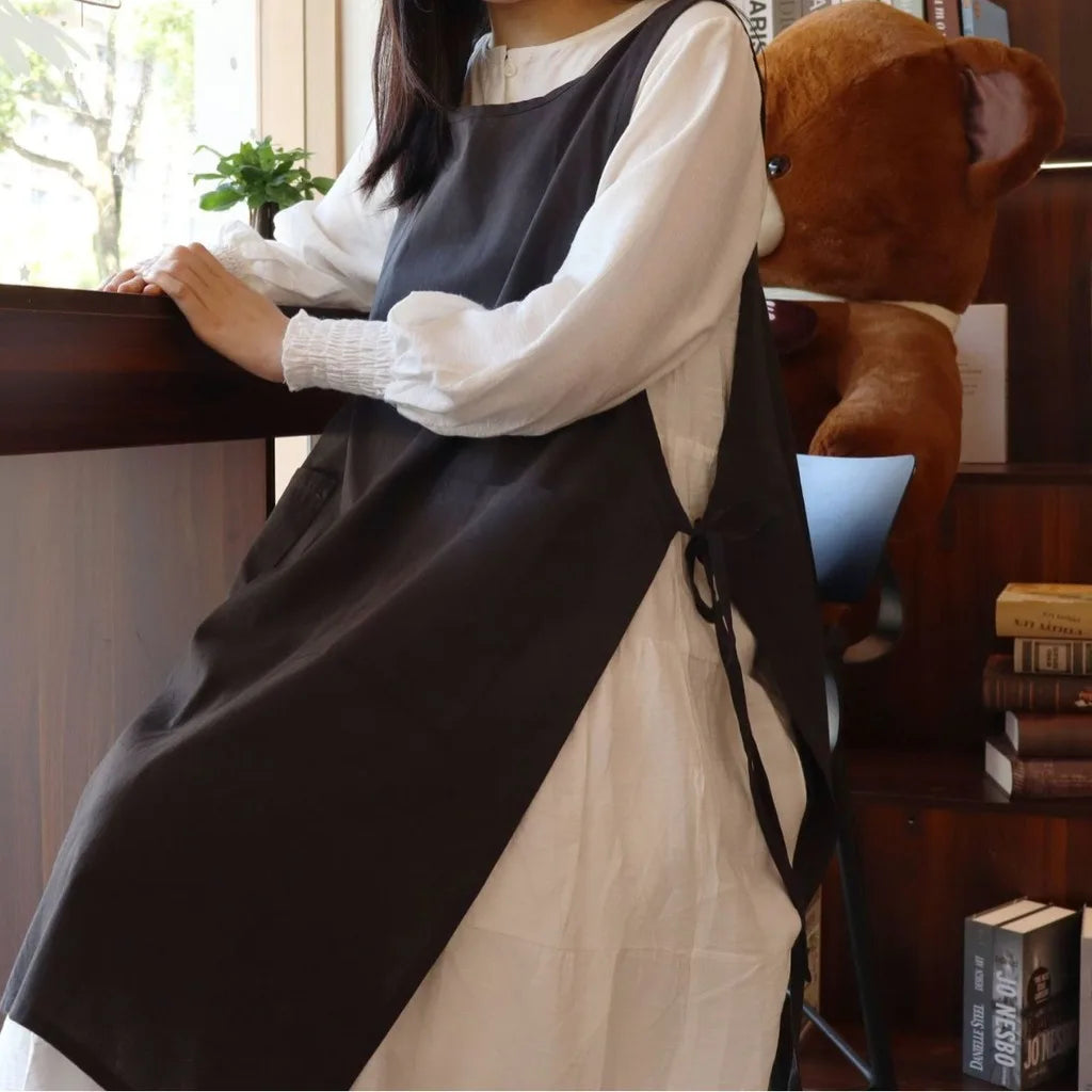 Japanese Cotton Cozy Unisex Kitchen Apron Pockets Pinafore Dress Smock for Women with Cooking Kitchen Baking Soft Printing BBQ Oasis Select Black