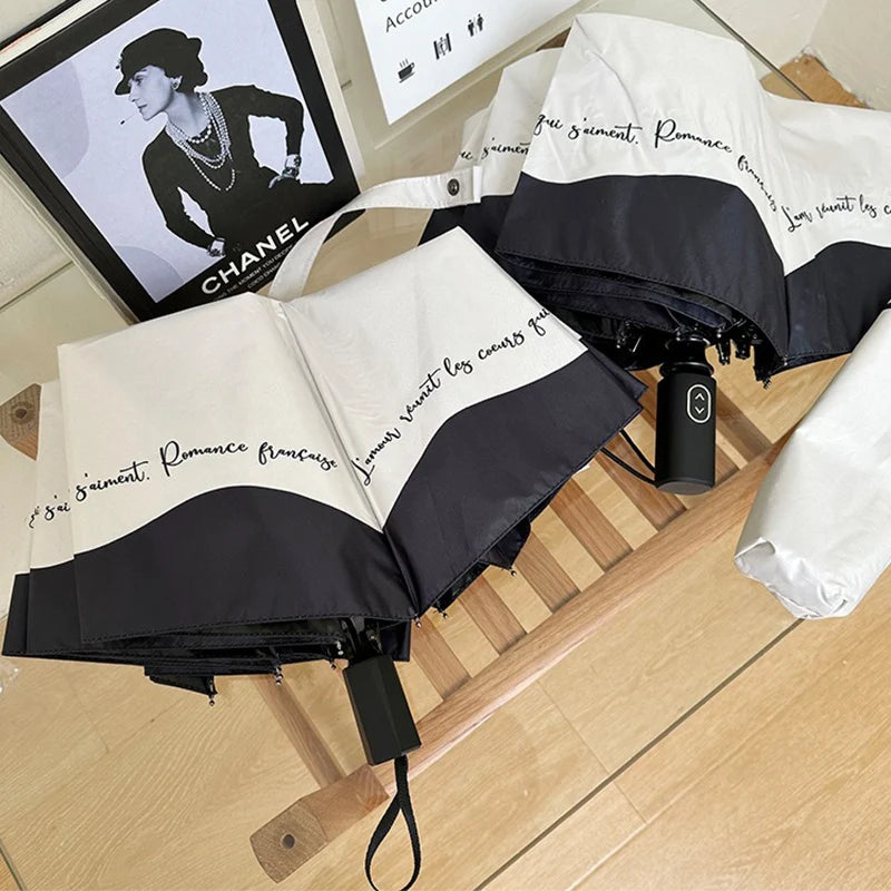 Romantic French Umbrella Automatic Sunscreen and Rainproof Dual Purpose Black and White Splicing UV Resistant Sunshade Umbrella Oasis Select