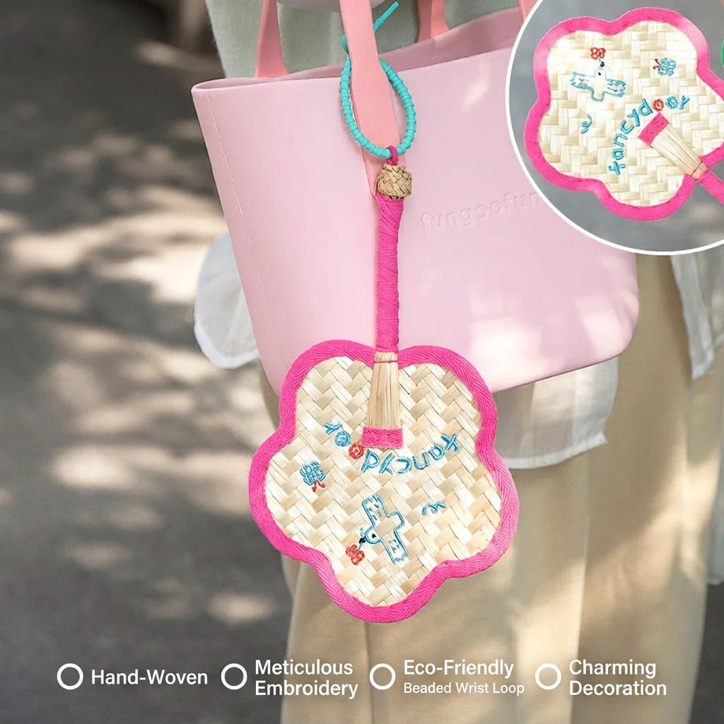 Handmade Manual Straw Hand Fans Flower Shape Handheld Hand Cranked Fan Adjustable with Hanging Hoop Summer Cooling Fan Oasis Select Pink