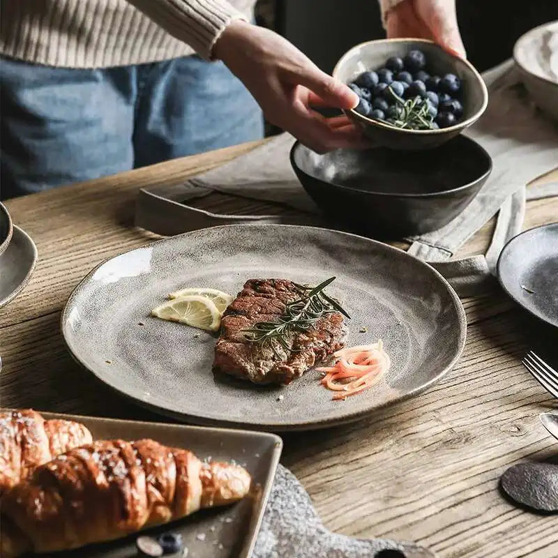 Japanese Ceramic Dinner Plate Rice Bowl Food Tray Retro Gray Tableware Porcelain Fruit Salad Sushi Serving Plate Dinnerware Oasis Select