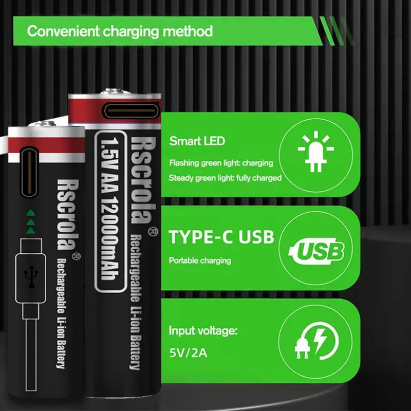 High Capacity 1.5V AA 12000mAh/AAA 8000mAh Rechargeable Lithium Battery Type-C Fast Charging for Remote control RC Mouse Toy Oasis Select