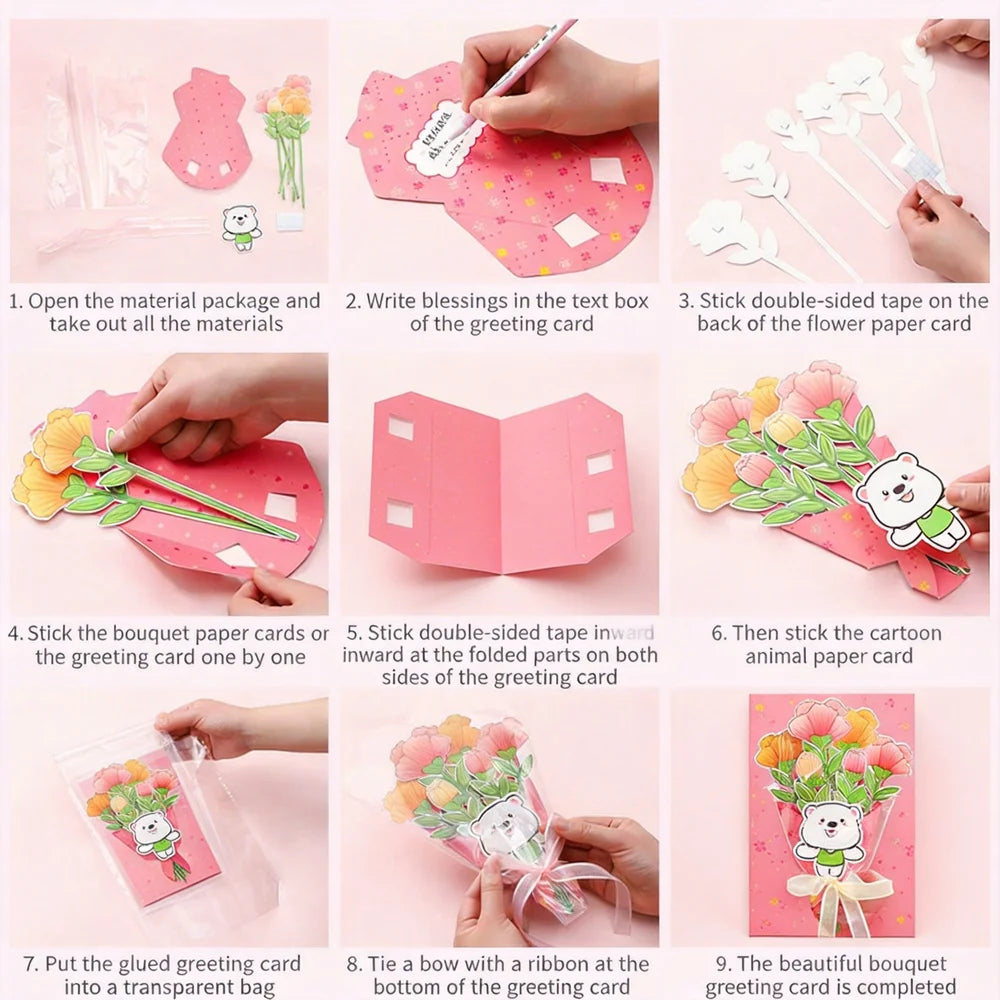 3D DIY Flower Bouquet Greeting Card Paper Craft Kit with Ribbon