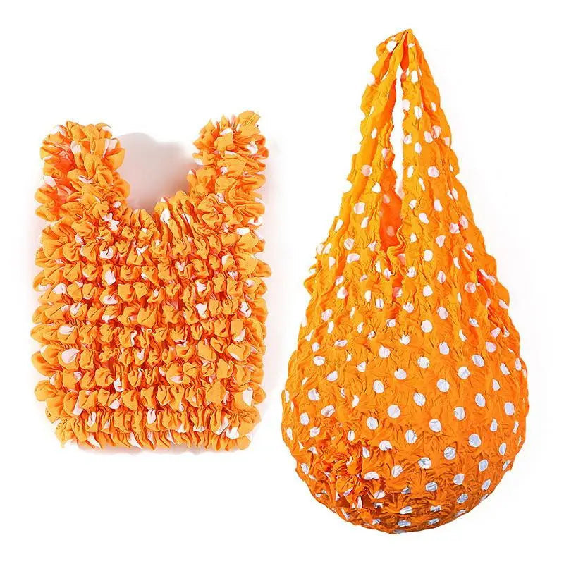 Expansion Fold Pleated Flexible Stretch Mini Shopping Bag Large Capacity Bubble Elastic Portable Handbag Storage Bag Oasis Select Orange