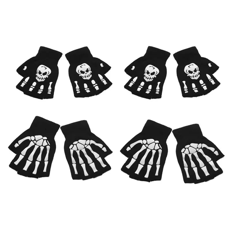 1-4pair Gloves Unisex Halloween Skeleton Skull Half Finger Gloves Glow In The Dark Fingerless Stretch Knitted Winter Mittens Oasis Select 4pair-mix 2