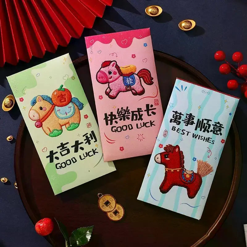 6Pcs Cartoon Three Dimensional Imitation Embroidery The Year Of The Horse Red Envelope New Year Festival Envelope Oasis Select